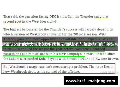 雷霆队61胜的六大成功关键因素揭示团队协作与策略执行的完美结合