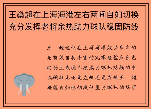 王燊超在上海海港左右两闸自如切换充分发挥老将余热助力球队稳固防线 王燊超在上海海港左右两闸自如切换充分发挥老将余热助力球队稳固防线